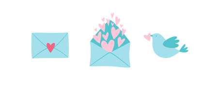 Vector illustrations of love letters with hearts and bird. Symbol of Valentine's day. Design elements for decoration, print, web-applications etc.のイラスト素材
