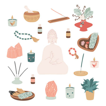 Vector illustrations set for yoga and meditation practice and relaxation. Red Himalayan salt, Buddha statuette, Tibetan sound bowl, rosary, Palo Santo sticks, sage, crystals, candles, potted plant.のイラスト素材