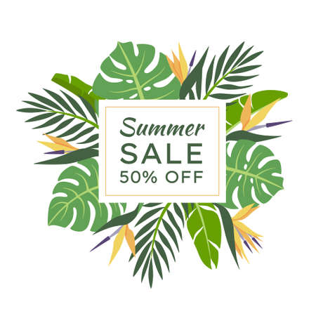 Round frame with summer tropical plants. Palm, monstera and bird of paradise flowers. Background design for social media, greeting cards, wedding invitations, postcards.のイラスト素材