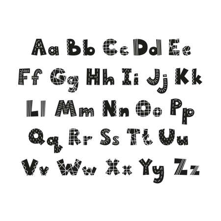Cute black hand drawn English alphabet. Creative children font for learning letters and decoration. Cute font in Scandinavian styleのイラスト素材