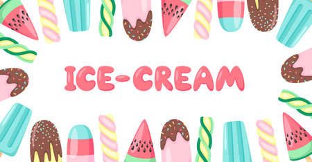 Banner design with multicolored ice cream. Background design for social media, greeting cards, flyers, invitations, postcards. Ice cream business templateのイラスト素材