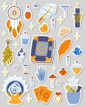 Sticker set of magic illustrations. Halloween stickersのイラスト素材