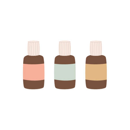 Brown glass bottles illustration for organic cosmetics, essential oils or pharmacy. Flat hand drawn style. Woman stuff, eco girls accessory concept. Natural face care products. Vector illustrationのイラスト素材