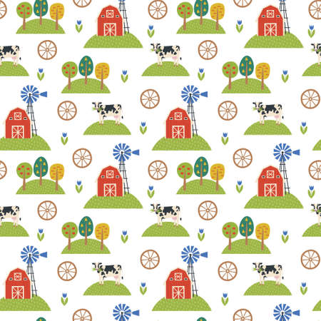 Seamless pattern with red barn, mill, cow and fruit trees. Farm contryside illustration. Design for fabrics, wrapping paper, scrapbooking or brand package.のイラスト素材
