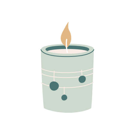 Scented candle in a jar isolated on white background. Hygge time. Cozy aroma candle. Hand drawn flat vector illustration.のイラスト素材