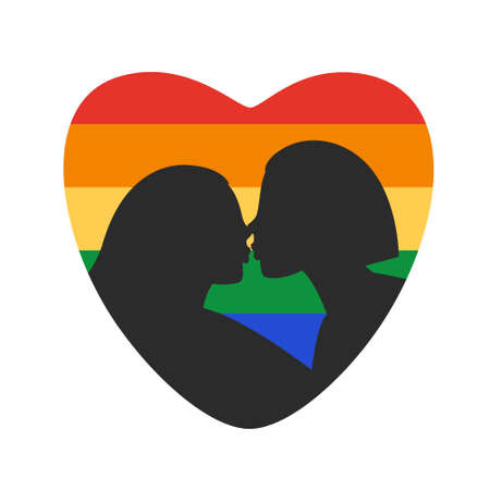 Lesbian kiss. Black silhouette of kissing lgbt couple with rainbow heart on the background. Homosexual sweetheart couple together. Vector illustration.のイラスト素材