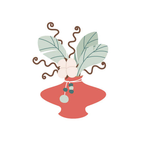 Boho-style decorative bouquet with cotton, stems and green feathers in red vase. Flat vector...