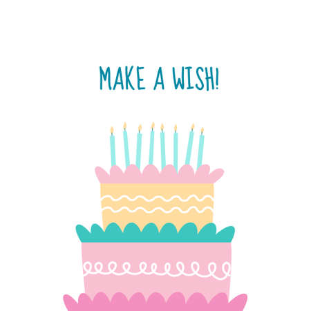 Cute Happy Birthday card with cake and candles. Vector illustration