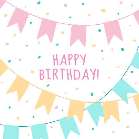 Cute Happy Birthday card with colorful garlands of flags. Flat style vector illustrationのイラスト素材