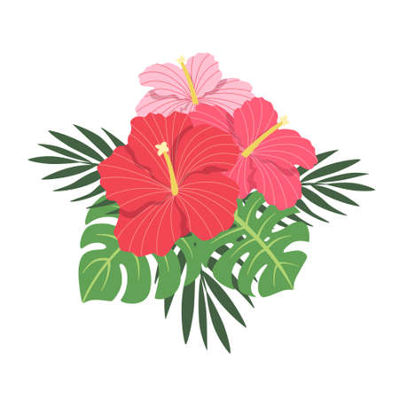 Bouquet with hibiscus, exotic palm leaves and monstera isolated on white background. Card with vector floral illustration. Flat Plant Composition. Botanical summer decorのイラスト素材