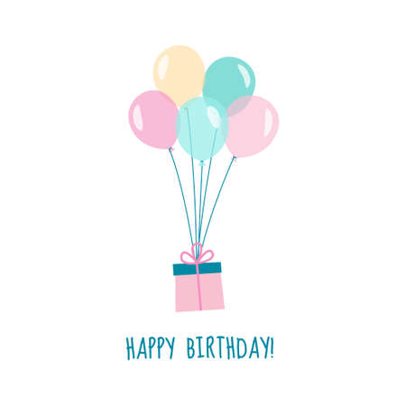 Cute Happy Birthday card with colorful balloons and a gift. Flat style vector illustrationのイラスト素材