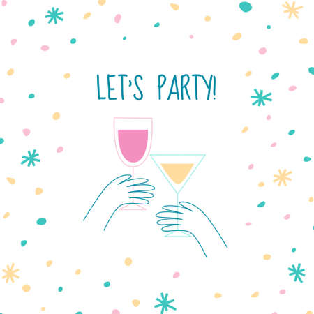 Cute Let's Party card with cheerful glasses and festive confetti. Flat style vector illustration for Birthday partyのイラスト素材