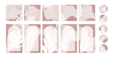 Editable templates collection for social media. Vector design for posts, stories and highlights. Abstract floral square, rectangular and round backgrounds set.のイラスト素材