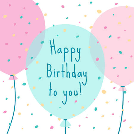 Cute Happy Birthday card with bright colorful balloons and confetti. Flat style vector illustrationのイラスト素材
