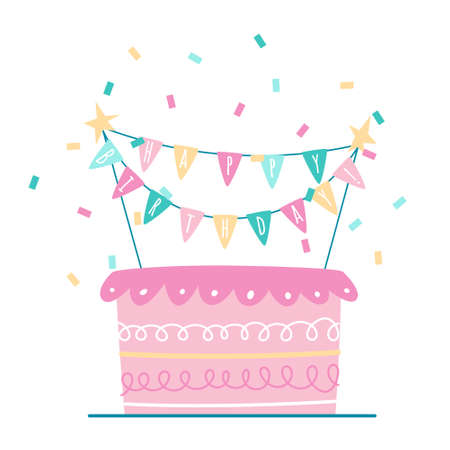 Cute Happy Birthday card with festive cake and garlands of flags. Flat style vector illustrationのイラスト素材