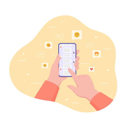 Hands holding phone with short messages, icons and emoticons. Chatting with friends and sending new messages. Speech bubbles on smartphone screen. Flat style vector illustration.のイラスト素材