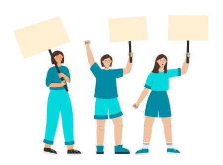 Women protest holding banners. Empty posters for manifestation. Demonstration for women rights. Vector illustration of manifesting activists.のイラスト素材