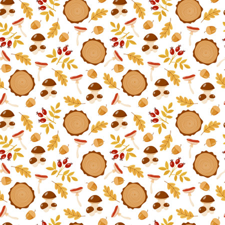 Autumn vector seamless pattern with woodcuttings, oak leaves, mushrooms, acorns. Fall season background for wallpaper, wrapping paper, fabric, textile, scrapbook. Flat style design.のイラスト素材