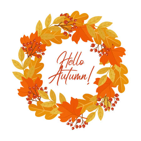 Round frame with autumn yellow, orange, brown leaves and red berries. Wreath of autumn leaves. Flat style vector illustration for post cards, banners, local farm marketのイラスト素材