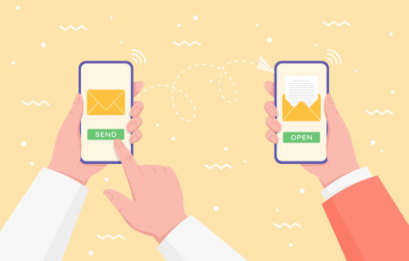 Vector concept of using smartphone for e-mailing. Hands hold phones to send and receive an email. Fast information via the internet. Vector flat illustration for smartphone apps, websites.のイラスト素材