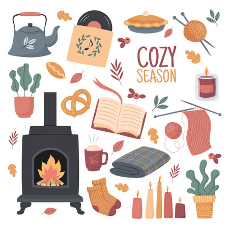 Cute vector illustration of cozy autumn hygge elements isolated on white background.のイラスト素材