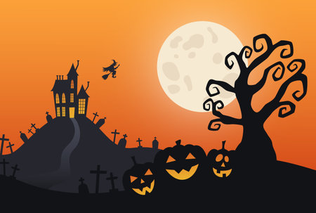 Halloween landscape with spooky pumpkins, dead tree, cemetery, haunted house and witch on a broomstick in moonlight on orange background. Vector illustrationのイラスト素材
