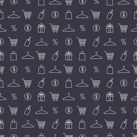 Seamless pattern with shopping theme icons. Line art. White icons on dark background. Vector illustration for web design, wrapping paper, promotion materialsのイラスト素材