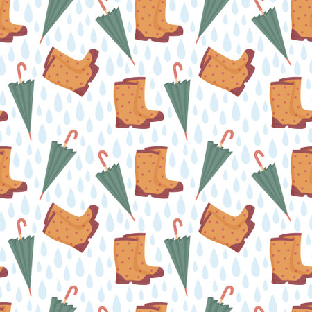Autumn seamless pattern with rain drops, rubber boots and umbrellas. Fall background for scrapbooking, wrapping paper, fabric, textile.のイラスト素材