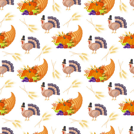 Thanksgiving seamless pattern with pumpkins, pilgrim hat, red barn, oak leaves and wooden wheels. Vector illustration for autumn design for scrapbooking, wrapping paper, fabric, textile.のイラスト素材