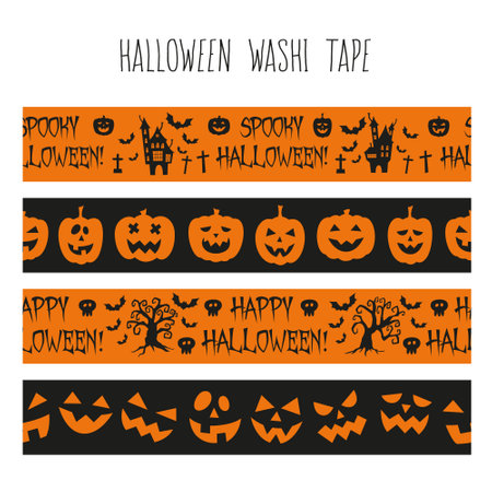 Halloween washi tape set. Cute seamless vector borders decorated with Halloween elementsのイラスト素材