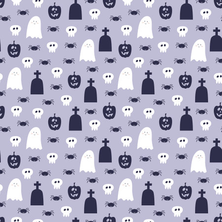 Vector seamless pattern for Halloween with cute smiling ghosts, sculls, gravestones, spooky pumpkins and spiders. Holiday backdrop for wrapping paper, fabric, textile, scrapbook.のイラスト素材