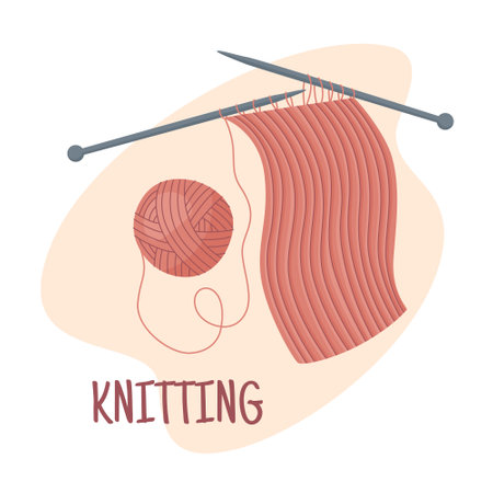 Ball of yarn with knitting needles and bound canvas. Clews, skeins of wool. Tools for knitwork, handicraft, crocheting, hand-knitting. Female hobby. Vector cartoon illustrationのイラスト素材