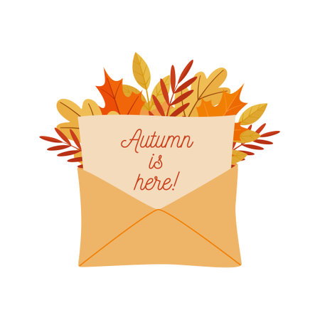 An open envelope with the inscription Autumn is here and autumn leaves on the background. Greeting card design. Flat vector illustration.のイラスト素材