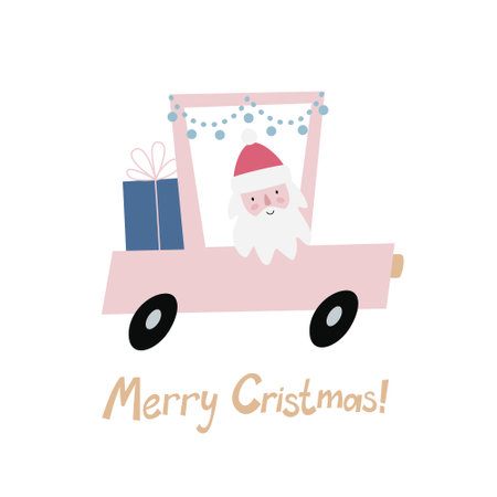 Christmas card design with Santa Claus in a car transporting Christmas present. Winter holiday design for postcards, paper prints, web banners.のイラスト素材