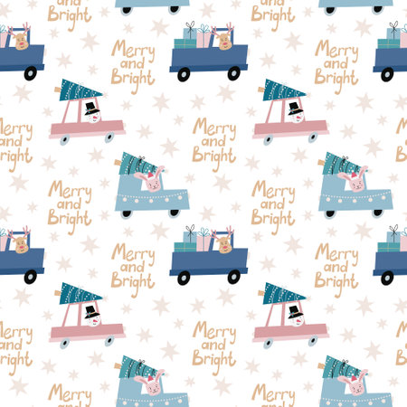 Holiday seamless pattern with Christmas characters in cars ransporting presents and Christmas trees. Winter design for scrapbooking, wrapping paper, fabric, textile.のイラスト素材