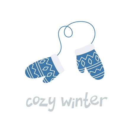 Christmas card design with warm decorated mittens. Winter holiday design for cards, paper prints, web banners.のイラスト素材