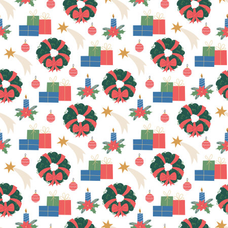 Holiday seamless pattern with holiday decorations. Vector illustration. Winter design for...