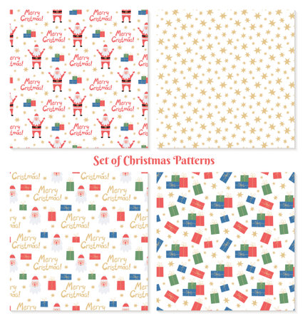 Set of 4 winter seamless patterns with Santa Claus, stars, holiday gifts and lettering. Christmas and New Year's holiday decor for wrapping paper, scrapbooking, textile, fabric prints.のイラスト素材