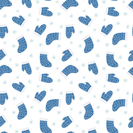 Winter seamless pattern with socks, mittens and snowflakes. North ornament. Vector illustration. Festive design for scrapbooking, wrapping paper, fabric, textile.のイラスト素材