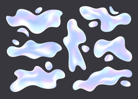 isolated liquid holographic elements on dark background. Abstract fluid drops. Vector illustrationのイラスト素材