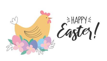 Happy Easter postcard with a cute chicken and colorful eggs and flowers. Holiday spring flat style vector illustration.のイラスト素材