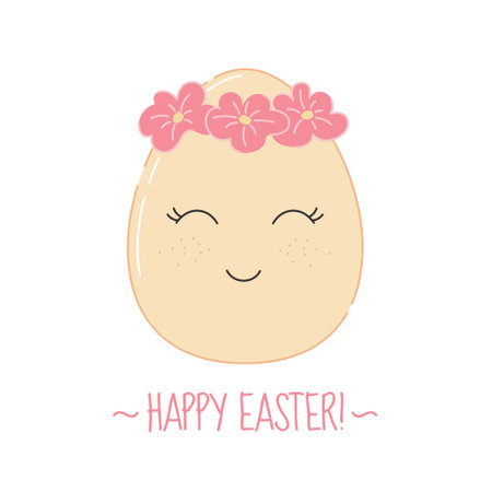Easter Egg with cute happy face in flat style. Festive colorful egg character with spring wreath of flowers. Vector illustration isolated on white backgroundのイラスト素材