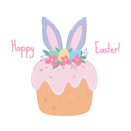 Easter cake decorated with colorful eggs, flowers and rabbit ears. Happy Easter postcard. Vector...