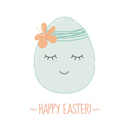 Easter Egg with cute sleepy face in flat style. Festive colorful egg character with spring wreath and flower. Vector illustration isolated on white backgroundのイラスト素材