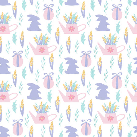 Easter seamless pattern with eggs, bunnies and flowers. Cute spring surface design for wrapping paper, scrapbooking, textile, fabric and prints.のイラスト素材