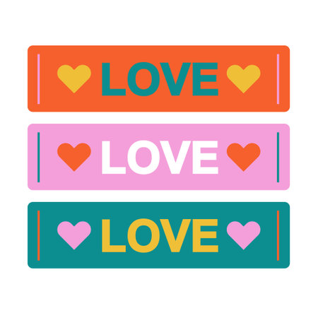 Vector stickers with Love word. Decorative elements in the retro style of the 70s and 80s for poster, post cards, textile prints, bottle label, logotype.のイラスト素材