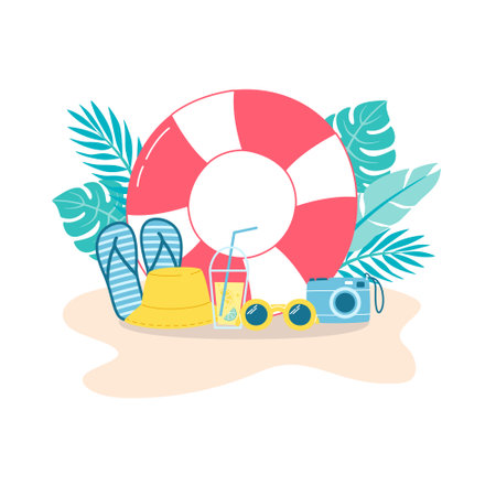 Summer beach items. Some of accesories for summer beach vacations. Vector illustrationのイラスト素材