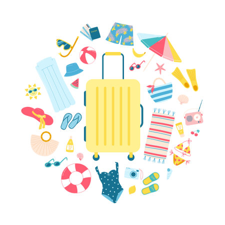 Travel suitcase with vacation accesories and clothes around it. Vector Illustration of packing a suitcase for vacationのイラスト素材