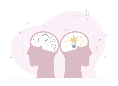 Creative mind or brainstorm concept with abstract human head silhouettes. Bulb lamp as symbol of great idea. Searching for answers to the questions. Vector illustrationのイラスト素材