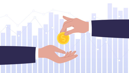 Transfer of money from one person to another with bar chart on the background. Finance market concept. Vector illustrationのイラスト素材